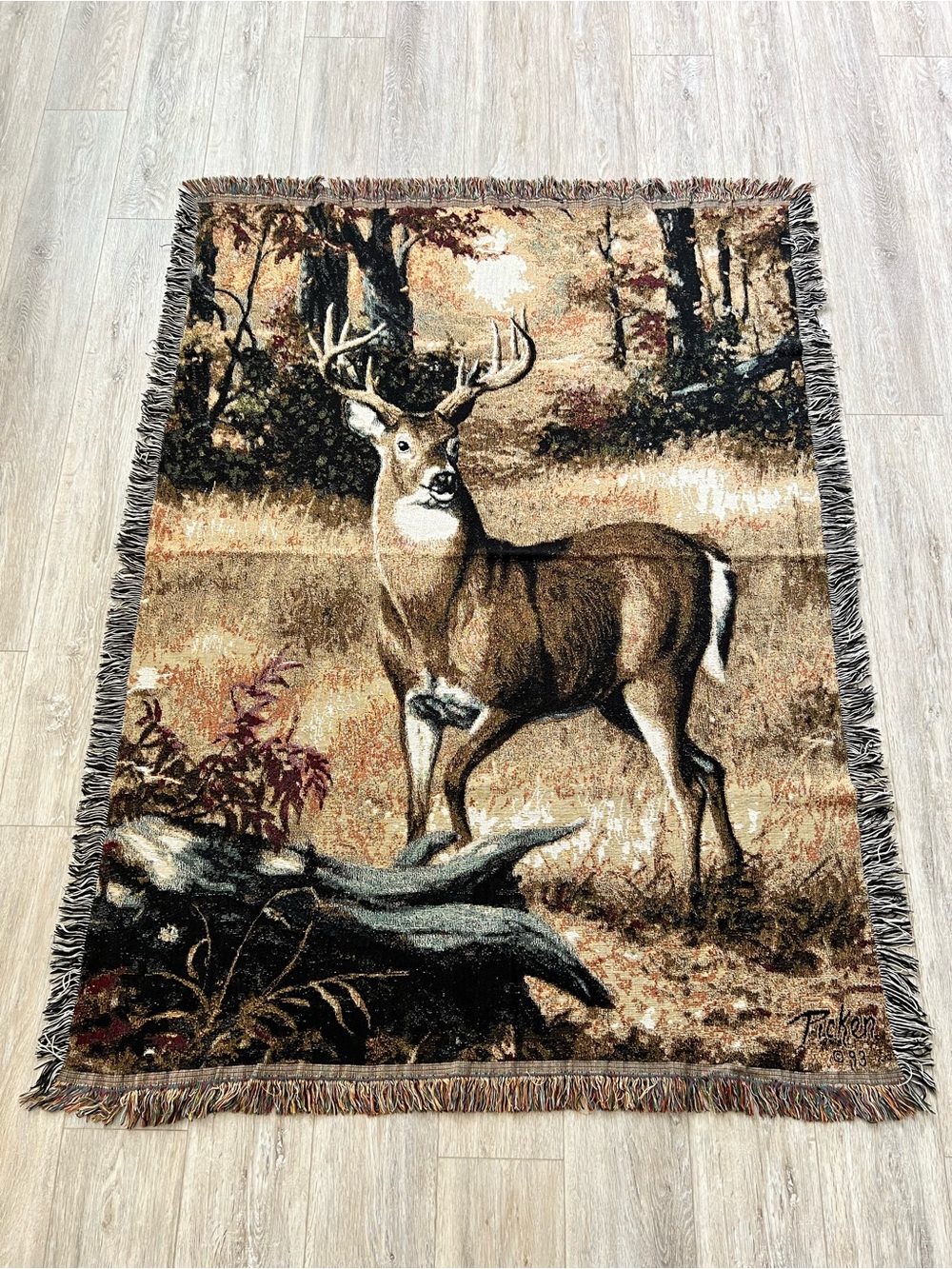 Vintage Picken 93 Buck Deer Woodland Woven Tapestry Throw Blanket